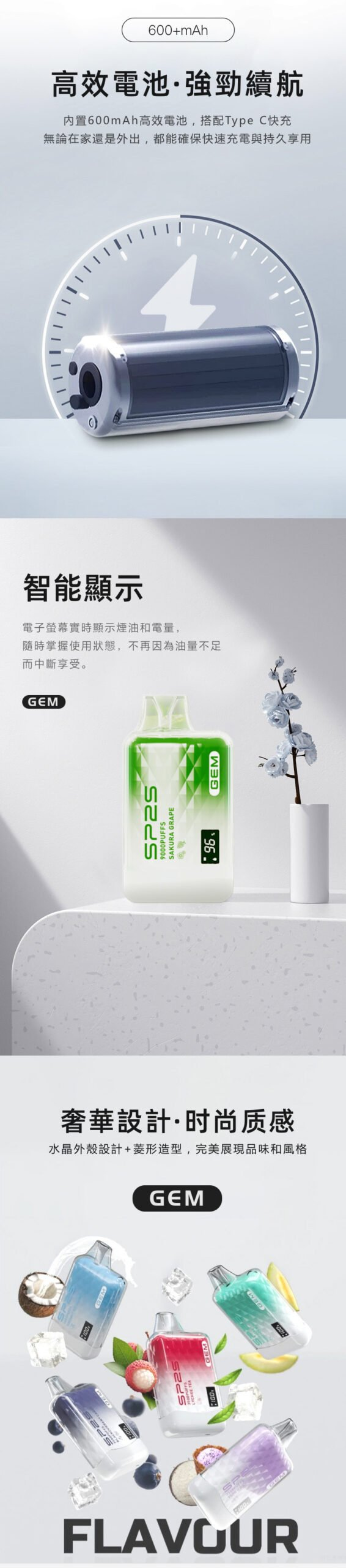 SP2S GEM 9000口 | 智能雙顯拋棄式電子煙 | 16款口味現貨 12ml大容量 台灣速發(图1)